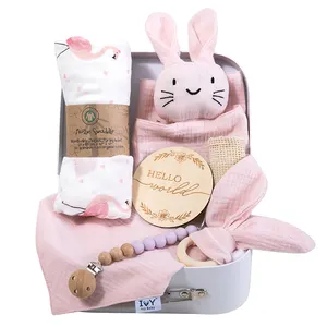 Premium Baby Shower Party Gift Basket With Blankets Pacifier Teether Kit Suitcase Keepsake Box Baby Gift Set Girl Essentials