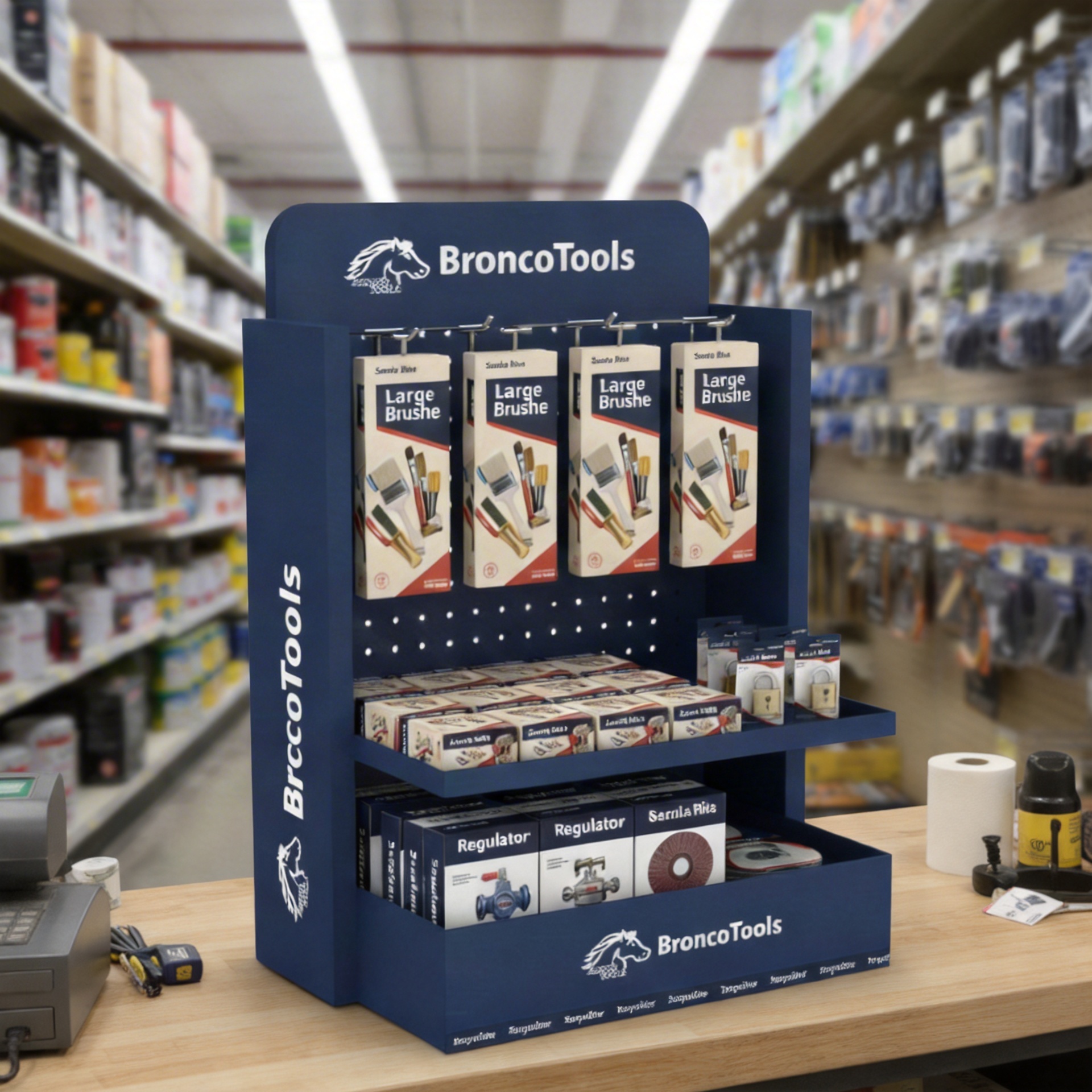 Apache Custom Countertop Wooden Display Stand with Hooks for Hardware Tools & Accessories in Retail Stores & Trade Shows