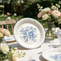 Assiettes en papier jetables bleues à motif floral, usage unique, motif floral vintage, résistantes, 9 pouces, pour la décoration de fêtes et d'événements