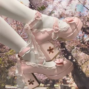 Lolita Platform Shoes Pink PU <b>Closed</b> <b>Toe</b> With Lace And Flower Detail Spring Women's Height Increasing <b>Chunky</b> <b>Heels</b> - Product Image 1