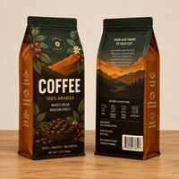 Sachet à fond plat à huit soudures pour grains de café, poudre de café, poudre protéinée, avec logo personnalisé imprimé, fermeture éclair et valve, 250g 500g 12oz