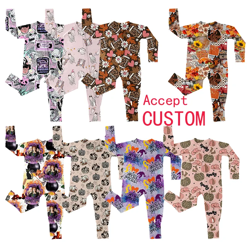 Großhandel Baby kleidung Halloween Herbst Kinder Individuell bedruckte Bambus pyjamas Baby lange zippy Stram pler