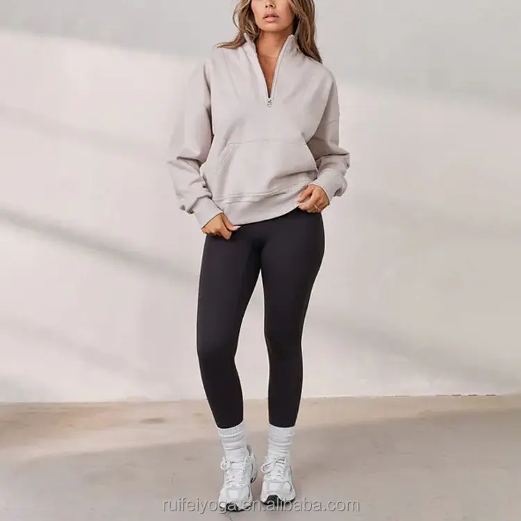 Custom Streetwear Drop Shoulder French Terry Blank Gym Hoodies Womens Half Zip Pullover Sweatshirt Oversized Quarter Zip Sweater