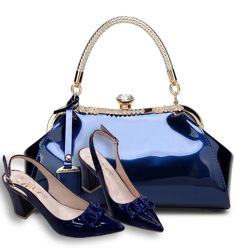 EG878 Wholesale fashion thick high heels handbags luxury bag and shoes set for women match