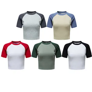Custom Logo Raglan Sleeve Women's Cropped T-Shirts Contrast Short Sleeve Crop Tops Tees
