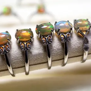 Meihan Wholesale Natural Opal Gem Stone Oval Beads Adjustable Ring Women For Jewelry Making Gift