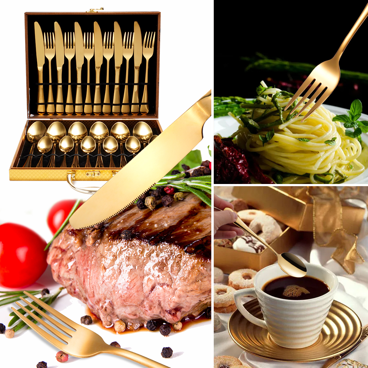 QZQ Modern Wedding Restaurant Stainless Steel Mirror Polish 24Pcs Golden Spoon and Fork Flatware Set for Giveaways · image 6
