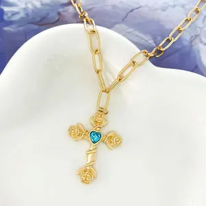 Faith Christian Jesus Cross Gold plated flower wrapped heart crystal pendant necklace for women girls