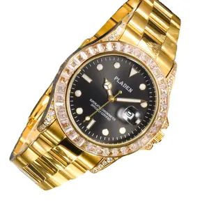 Relógio masculino de ouro pladen 18k, pequeno com revestimento dourado, de safira, diamante, à prova d'água, aaa