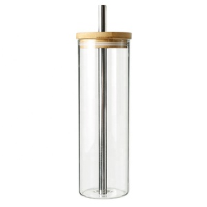 Bouteille en verre de 700 ml. Bouteille d'eau en verre avec mike / thé / café à large bouche avec plateau en bambou et paille ré - Product Image 2