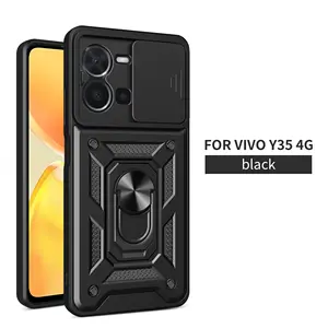 适用于Vivo Y35的热优质电脑 + TPU后盖外壳，配有环形支架和滑动摄像头盖，以及磁性熨斗。