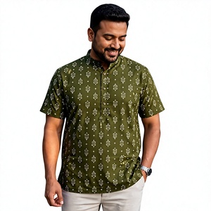 <b>Men's</b> Olive Green Printed <b>Kurta</b> Regular Fit Cotton Traditional Wear India Pakistan Style Casual All Seasons - Product Image 1