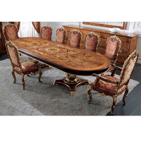 Ensemble de table à manger longue carrée dorée en bois massif sculpté à la main, style palais français de luxe, pour huit personnes