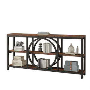 Modern Industrial <b>Console</b> <b>Table</b> With Storage Wood Top Black <b>Metal</b> Frame Living Room Furniture - Product Image 1