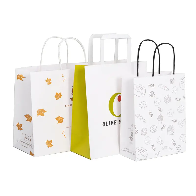 Özel logo baskılı gıda paket bakkal alışveriş çıkar ambalaj geri dönüştürülmüş kraft kağıdı kulplu çanta