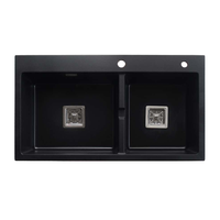 Évier de cuisine moderne noir mat à double bac en granit composite fait main sur mesure avec deux trous et taille personnalisable