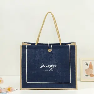 Customized Blue Jute Shopping Bag Button Hand Gifts DIY Tote Bags For Women Men