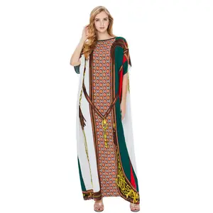 Elegant Middle East Women's Clothing Long Skirts Printing O-neck Dress Casual Rayon Lady Robes