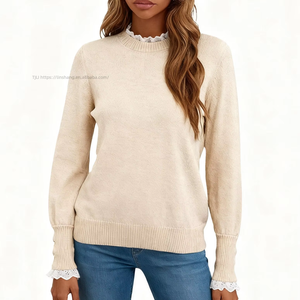 Pull en tricot à col rond et manches longues pour femme, avec bordure en dentelle patchwork, boutonné, tendance automne/hiver - Product Image 1
