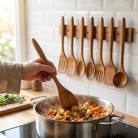 Ensemble d'ustensiles en bois d'acacia magnétique avec support mural, 8 pièces, cuillères de cuisine à suspension invisible pour cuisine minimaliste