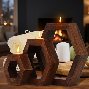Support de bougie en bois d'acacia hexagonal fait main, imprimé en relief 1 couleur, Noël et mariage - Product Image 1