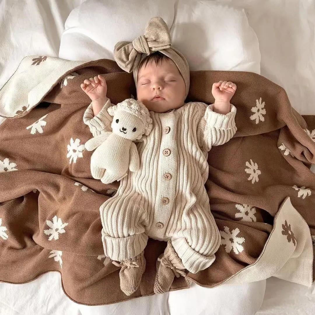 INS 니트 아기 담요 머리띠 2 종 세트 아기 100% 면 중립 아기 인쇄 크로 셰 뜨개질 포대기 담요 세트