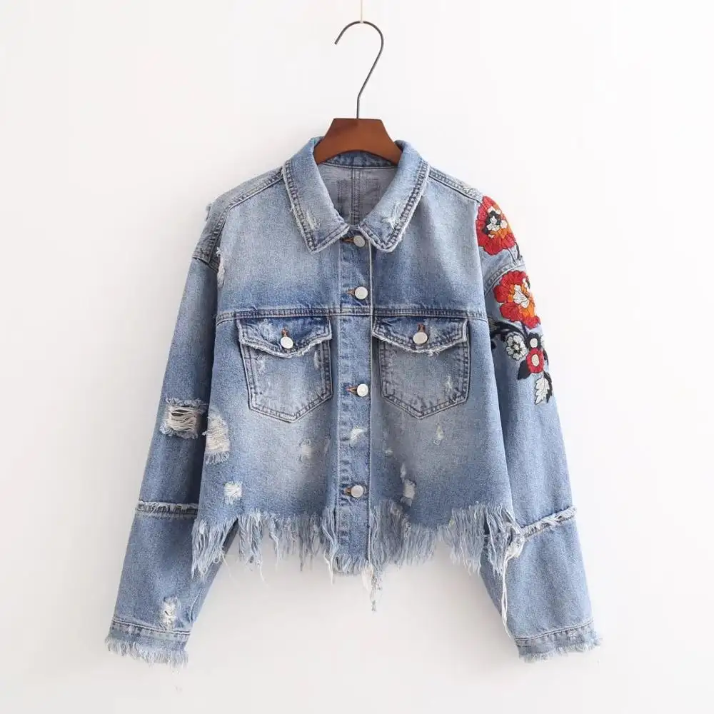 Custom Denim Knitted Women Fall Jackets Long Sleeved ripped Floral Embroidered Regular Crop Coats