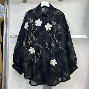 Nueva Blusa de Gasa para Mujer, de Manga Larga, con Incrustaciones de Diamantes, Bordado Tridimensional de Flores, Estilo Moderno - Product Image 1