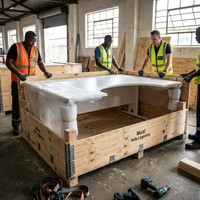 [Muxi] Nouveau bureau de réception LED en bois E1 de 18 mm, de style chinois haut de gamme, à niveaux, en forme de L, cannelé, pour clinique médicale et centre dentaire