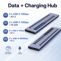 Hub USB 3.2 Gen2 16-en-1, 10 Gbps, 8x USB-C + 8x USB-A, Charge rapide PD 30W, Interrupteurs individuels, Hub alimenté en aluminium