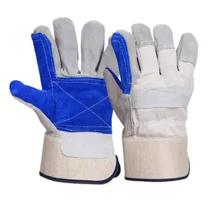 Blue Double Palm Cow Split Leather Construction Work Gloves with Safety Cuff