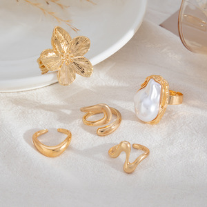 European American Fashion <b>Gold</b> Plated Twisted Big Pearl <b>Rings</b> Big Pink Flower <b>Ring</b> <b>Set</b> for Women Girls Gifts - Product Image 4