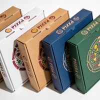 Boîte à pizza en carton ondulé kraft écologique personnalisée, imprimée quadricolore, avec pelliculage mat, design pliable et logo découpé