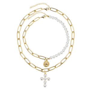 Conjunto de collar con colgante de cruz de perlas vintage para mujer, joyería geométrica de doble capa, para fiestas. - Product Image 5