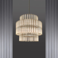 Lustre moderne à tubes de verre étagés, décoration de salle à manger de villa, cadre en métal nickelé, suspension en verre cannelé cylindrique