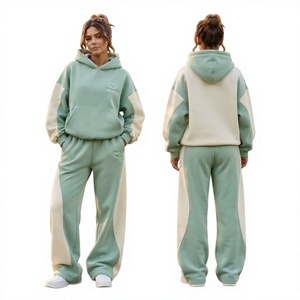 Conjunto Deportivo Informal para Mujer, Sudadera con Capucha Extra Grande de Felpa Verde Menta y Blanca de Secado Rápido, Pantalones Deportivos Anchos - Product Image 1