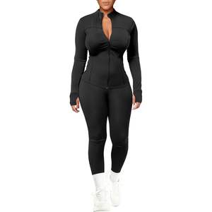 Conjunto de yoga personalizado para mujer de 2 piezas, chaqueta con cremallera de manga larga y leggings ajustados, ropa deportiva elástica de poliéster y spandex para gimnasio - Product Image 2