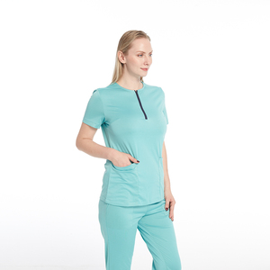Infirmière vêtements de travail médicaux 2 pièces ensemble femmes avant fermeture éclair chemise survêtement pantalon gommage uniformes à manches courtes - Product Image 3