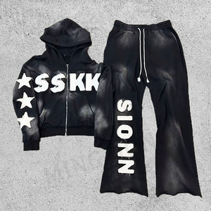 Diseño de pegatina bordado Streetwear Heavyweight Boxy Vintage Sudadera con capucha y pantalones Set Washed Sweatsuit Hombres - Product Image 5