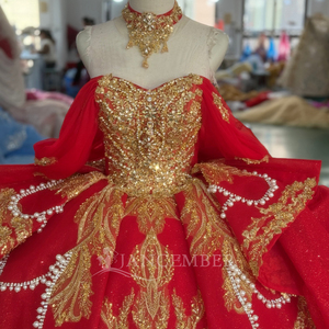 XS281 Elegant <b>Red</b> Sweetheart Neckline Embroidered <b>Sequined</b> Crystal Appliques Party Evening Ball Gown Dress Golden Lace Chapel - Product Image 4