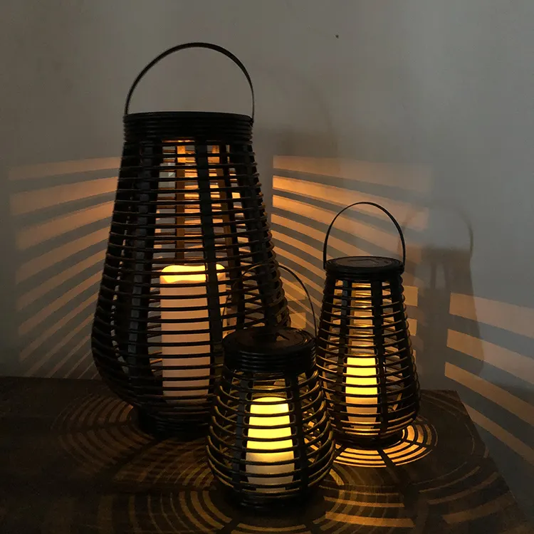 2024 Best Seller Solar Powered Decorative Plastic Rattan Lantern Outdoor Landscape Lighting With Flameless Candle Light