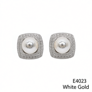 Orecchini a Perno E4023 in Oro Bianco con Perla Coltivata, Montatura Geometrica Classica, Gioielli da Donna - Product Image 1