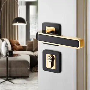 Poignées de porte de luxe moderne chambre à coucher, serrure magnétique muette simple en bois doré, serrure de porte fendue