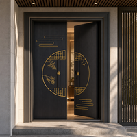 Porte d'entrée minimaliste en aluminium coulé doré avec motif en treillis de bambou, antivol et isolante thermiquement, pour villa et usage commercial