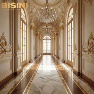 <span class=keywords><strong>Parquet</strong></span> en noyer à chevrons sur mesure, style italien majestueux et sophistiqué, avec incrustations de marbre blanc et de laiton, pour hall d'entrée. - Product Image 2
