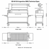 Grill argentin en acier inoxydable robuste, mobile, type Santa Maria, barbecue au charbon de bois avec revêtement en briques réfractaires pour restaurant