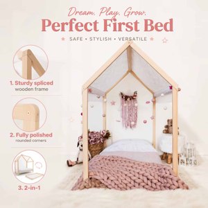 Lit de sol Montessori moderne double avec cadre en pin et barrière de sécurité pour garçons et filles - Product Image 3