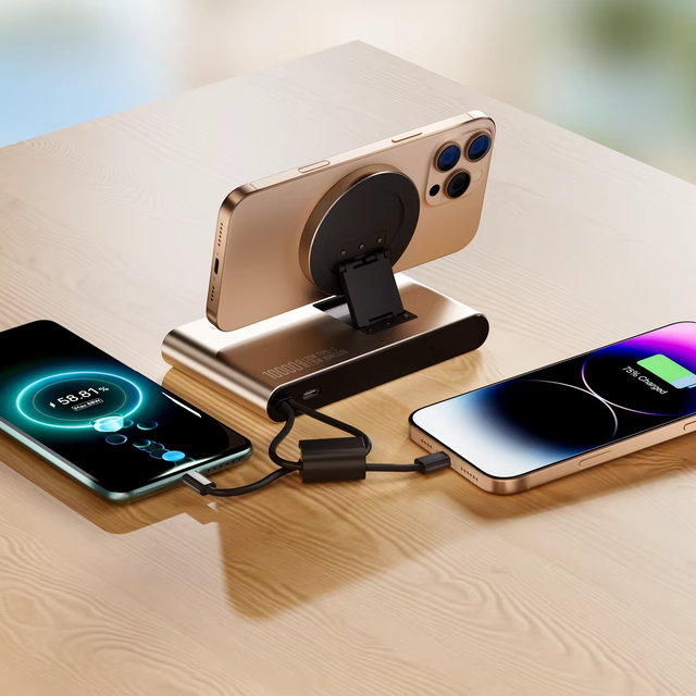 KUANGXIANG 10000mAh Slim Power Bank Wireless Charger with Phone Stand & Neck Strap Convenient Charging on the Go