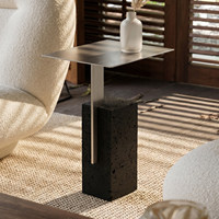Table d'appoint étroite en pierre calcaire noire minimaliste italienne, style Bauhaus vintage, en acier inoxydable, pour salon