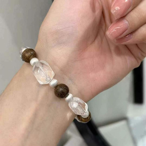 999 Pure Silver Natural White Crystal Beaded <b>Bracelet</b> With Agarwood Sandalwood Elastic <b>Rope</b> Unisex Everyday Wear - Product Image 2